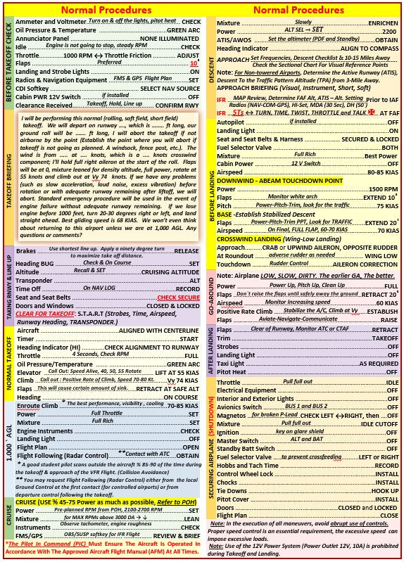 Cessna Skyhawk 172S G1000 Universal QRef,  All In One Checklist (QRC) for Student Pilots