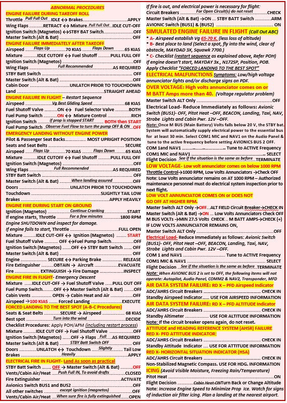 Cessna Skyhawk 172S G1000 Universal QRef,  All In One Checklist (QRC) for Student Pilots