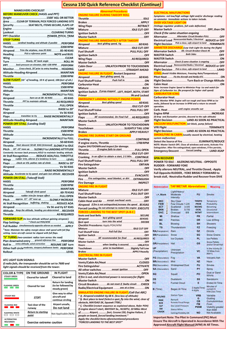 Cessna 150 Universal Extended QRef All In One Checklist for Student Pilots