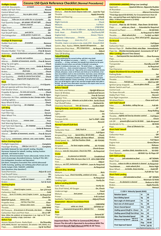 Cessna 150 Universal Extended QRef All In One Checklist for Student Pilots