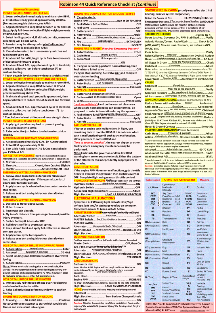 Robinson 44 (R44) Helicopter Extended Universal QRef Checklist for Student Pilots, All In One