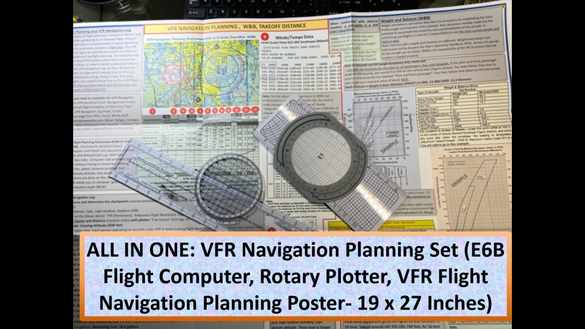ALL IN ONE: VFR Navigation Planning Set (E6B Flight Computer, Rotary Plotter, VFR Flight Navigation Planning Poster- 19 x 27 Inches)