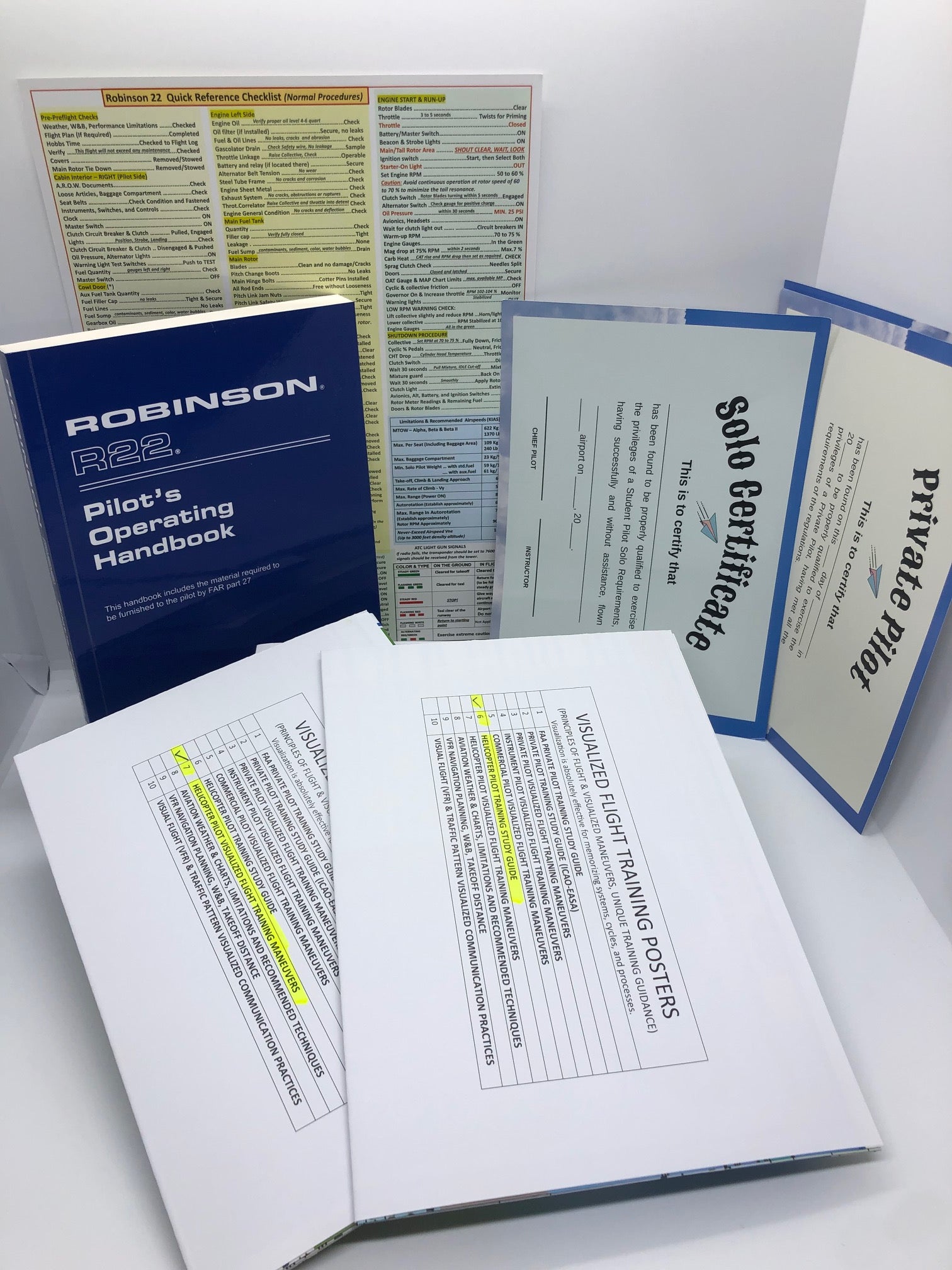 Robinson 22 (R22) Helicopter Flight Training Bundle: 5-Piece, Robinson22 Extended Quick Reference Checklist, 2-Piece Poster Set, R22 Pilot Operating Handbook (POH),All In One