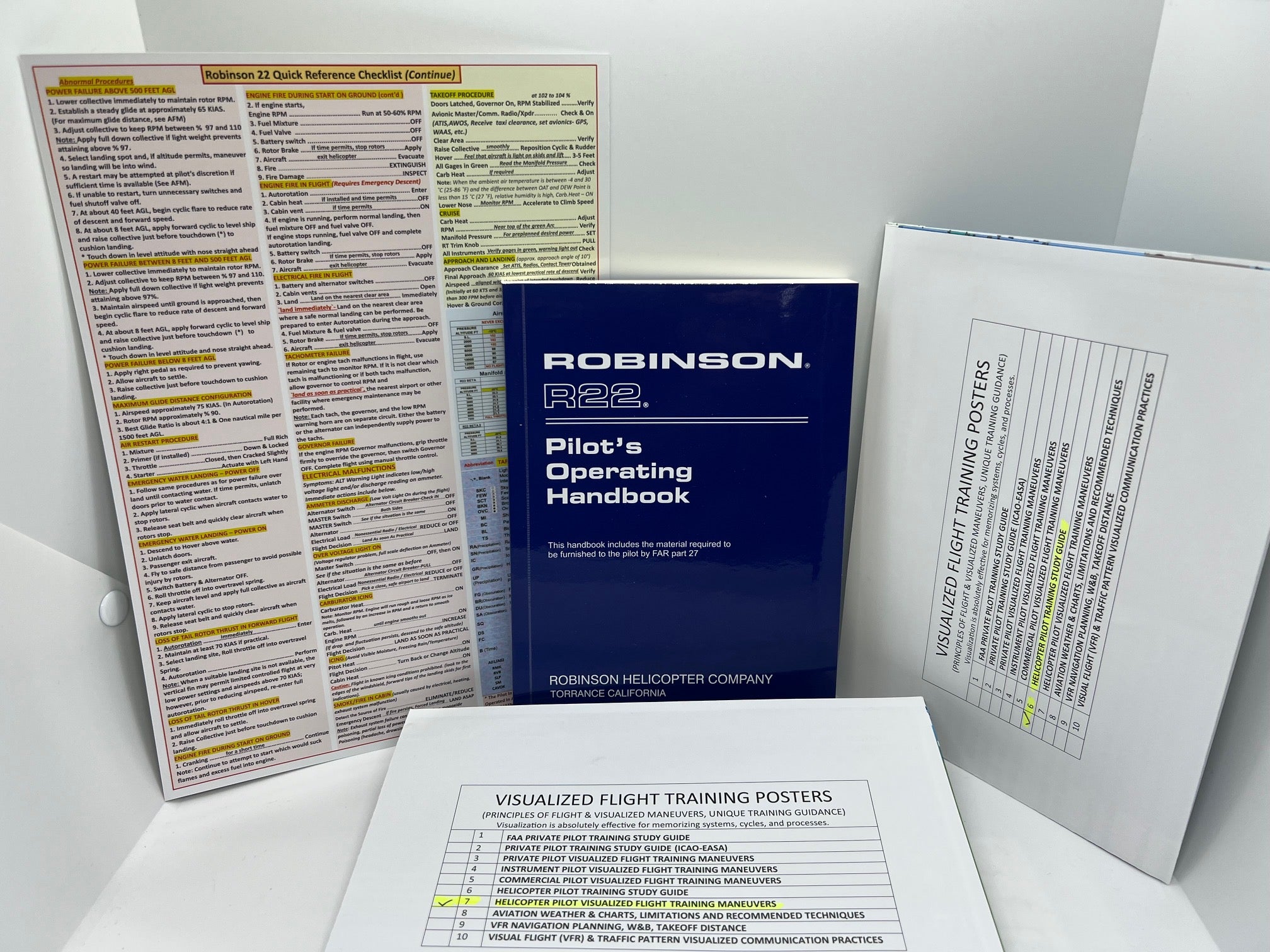 Robinson 22 (R22) Helicopter Flight Training Bundle: 5-Piece, Robinson22 Extended Quick Reference Checklist, 2-Piece Poster Set, R22 Pilot Operating Handbook (POH),All In One