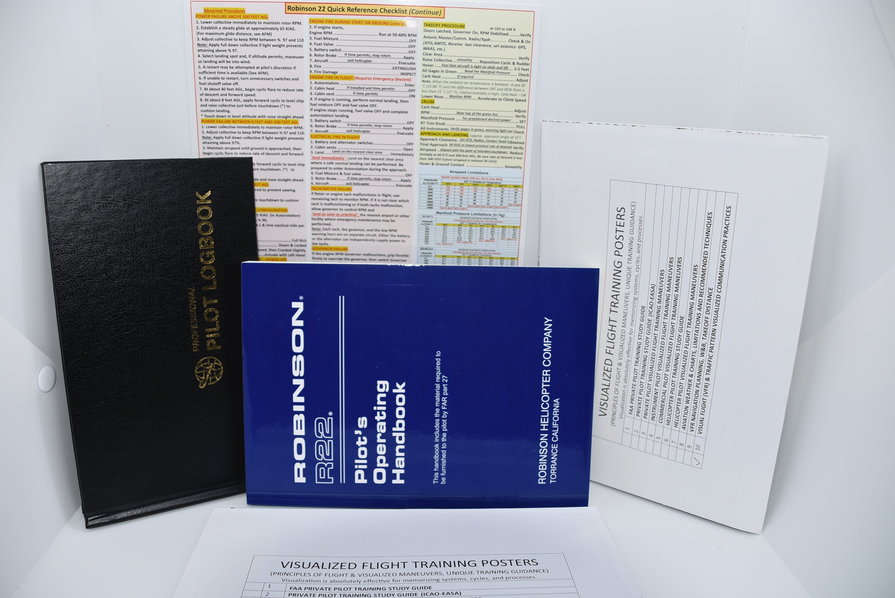 Robinson 22 (R22) Helicopter Flight Training Bundle: 5-Piece, Robinson22 Extended Quick Reference Checklist, 2-Piece Poster Set, R22 Pilot Operating Handbook (POH),All In One