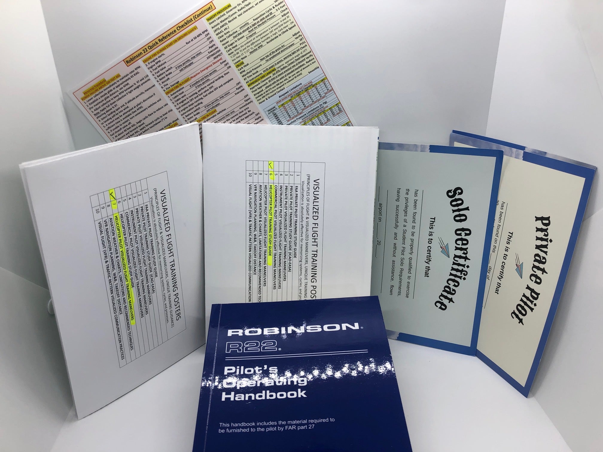 Robinson 22 (R22) Helicopter Flight Training Bundle: 5-Piece, Robinson22 Extended Quick Reference Checklist, 2-Piece Poster Set, R22 Pilot Operating Handbook (POH),All In One